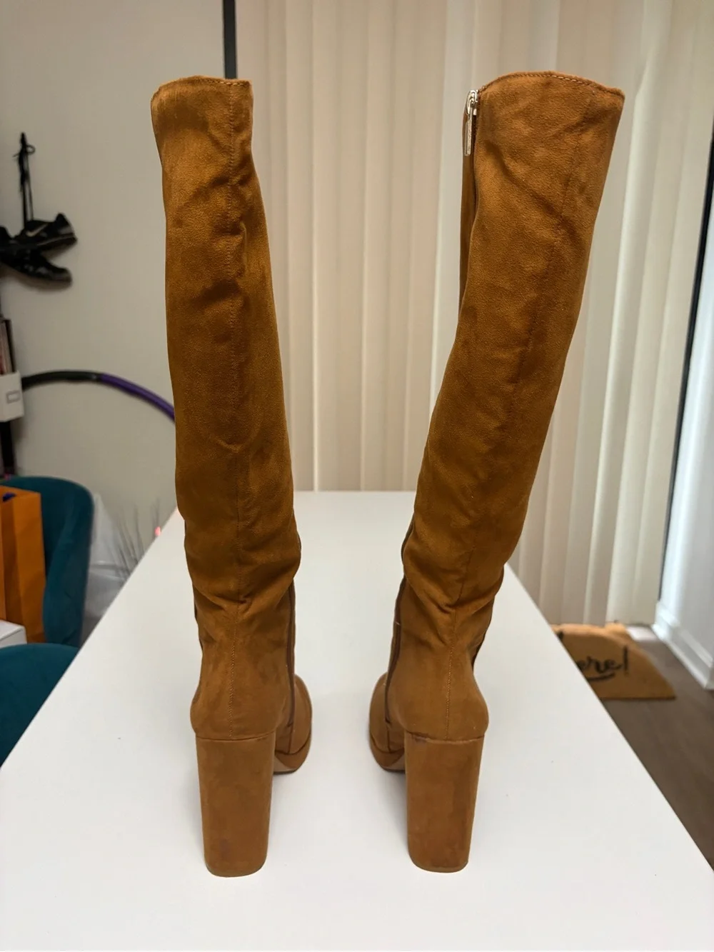 Tall Suede Knee-High Boots in Cognac